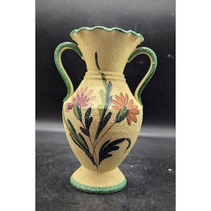 Vintage Italian Pottery Lava Glaze Yellow Handled Vase Irn Flower 9&quot; Italy