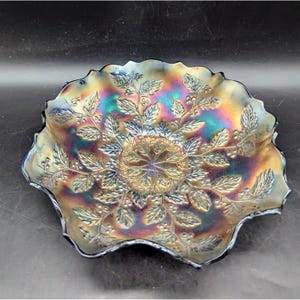 Antique Fenton Carnival Glass Blue Holly Ruffled Bowl Iridescent Candy Dish 9&quot;