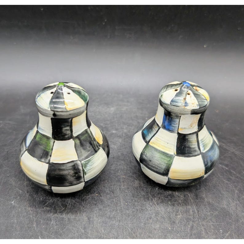 MacKenzie-Childs Courtly Check Salt and Pepper Shakers Hand Painted Ceramic Set afbeelding 7