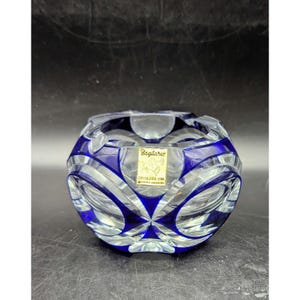 Vintage Cobalt Blue Cut To Clear Crystal Ashtray Tobacciana 4.5&quot; MCM