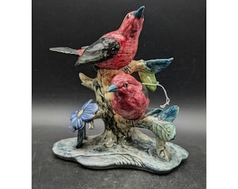 Vintage Stangl Pottery Scarlet Tanager Figurine Double Bird Branch Blue Flower