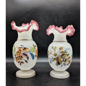 Large Pair Antique Bristol Art Glass Vases Hand Painted Floral Decor Ruffled Top 10&quot;