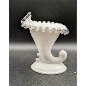 Fenton Milk Glass Silver Crest Ruffled Cornucopia Vase White Clear Edge Vintage