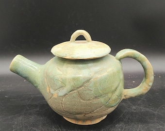 Handmade Ceramic Art Pottery Green Teapot W/Lid Stoneware Signed