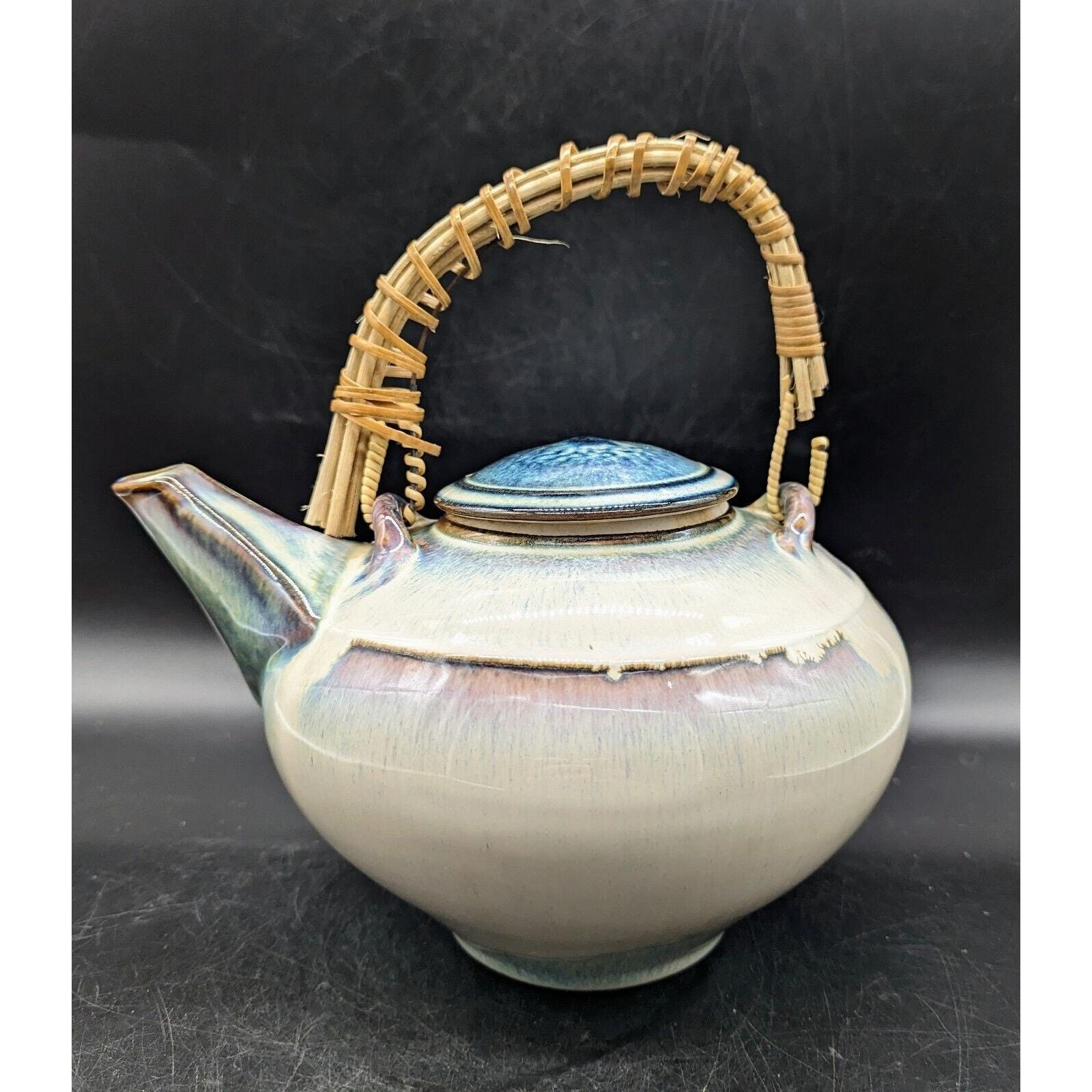 Bill Campbell Art Pottery Tea Pot Bamboo Handle 6 Cup Blues Beige