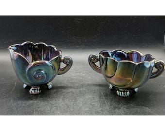 Amethyst Blue Carnival Glass Shell Creamer and Sugar Bowl Set Iridescent Footed