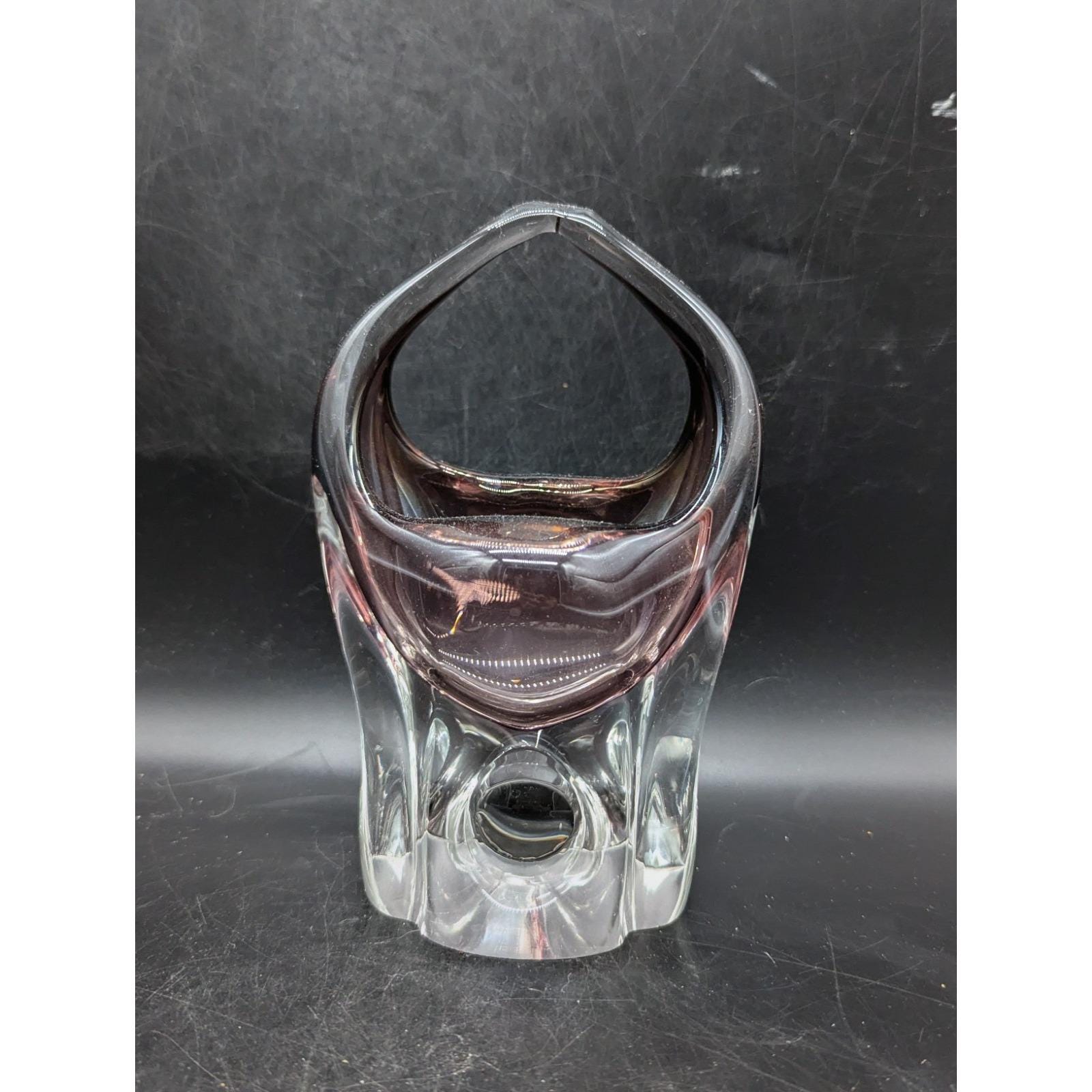 Vintage Bohemian Amethyst Art Glass Basket W Handle 8" Czech Hand Blown