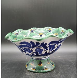 Vintage Handmade Talavera Mexican Pottery Pedestal Bowl Compote Feather Peacock