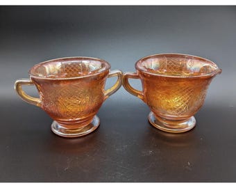 Federal Glass  Creamer & Sugar Bowl Marigold Carnival Normandie Lattice Bouquet