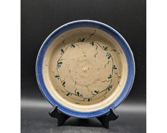 Handmade Studio Pottery Plate Blue Berry Vine Speckled Stoneware Rustic Artisan