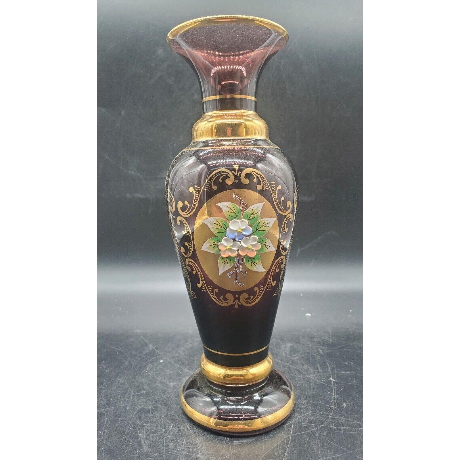 Vintage Vecchia Murano Amethyst Glass Gold Applied Flowers 9.5" Purple Bud Vase