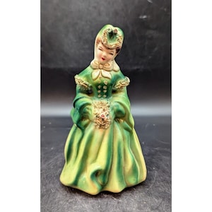 Vintage Japan Southern Belle Lady W Muff & Hat Planter Vase Green