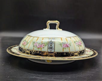 Vintage Noritake Japan Floral Lidded Porcelain Butter Dish With Gold Trim & Handle