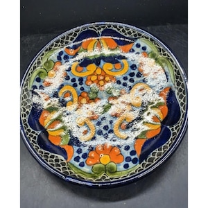 Vintage Talavera Mexican Art Pottery Small Wall Plate Blue Floral 6&quot;