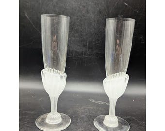 Vintage Pair Daum France Pate De Verre Crystal And CLeat Glass Champagne Flutes