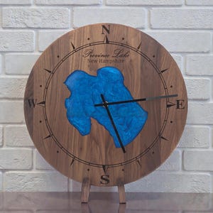 Custom ANY Lake Epoxy Clock – Personalized Wood Lake Map Art – Lake House Decor – Cabin Wall Clock – Engraved Lake Gift Walnut