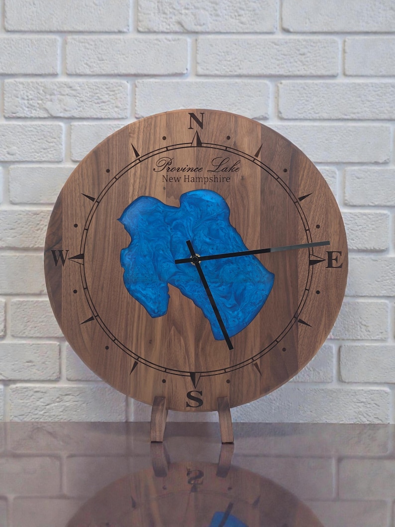 Custom ANY Lake Epoxy Clock – Personalized Wood Lake Map Art – Lake House Decor – Cabin Wall Clock – Engraved Lake Gift Walnut