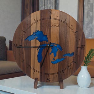 Custom ANY Lake Epoxy Clock – Personalized Lake Map Wall Clock – Engraved Wood Lake House Decor – Cabin Gift – Rustic Wall Art image 2