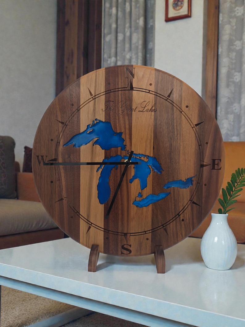 Custom ANY Lake Epoxy Clock – Personalized Lake Map Wall Clock – Engraved Wood Lake House Decor – Cabin Gift – Rustic Wall Art image 2