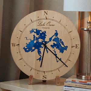 Custom ANY Lake Epoxy Clock – Personalized Lake Map Wall Clock – Engraved Wood Lake House Decor – Cabin Gift – Rustic Wall Art Maple