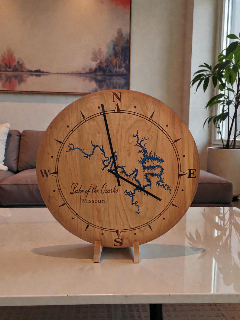 Custom ANY Lake Epoxy Clock – Personalized Lake Map Wall Clock – Engraved Wood Lake House Decor – Cabin Gift – Rustic Wall Art image 7