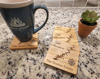 Customize ANY LAKE - Coasters - Personalized Lake Art, Set of 4