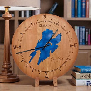 Custom ANY Lake Epoxy Clock – Personalized Wood Lake Map Art – Lake House Decor – Cabin Wall Clock – Engraved Lake Gift Cherry