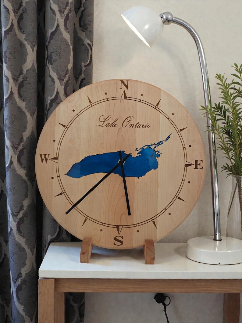 Custom ANY Lake Epoxy Clock – Personalized Lake Map Wall Clock – Engraved Wood Lake House Decor – Cabin Gift – Rustic Wall Art image 6