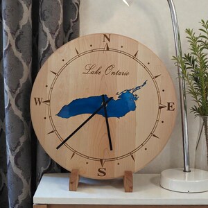 Engraved lake map wall clock with epoxy-filled design personalized with any lake