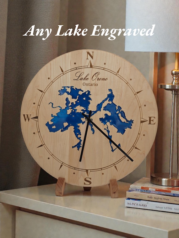 Custom ANY Lake Epoxy Clock – Personalized Wood Lake Map Art – Lake House Decor – Cabin Wall Clock – Engraved Lake Gift
