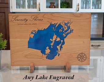 Custom ANY Lake Cutting Board – Cabin & Cottage Decor, Engraved Lake Map with Epoxy, Personalized Rustic Wood Gift for Lake Lovers