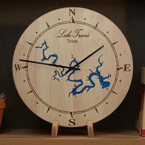 Custom ANY Lake Epoxy Clock – Personalized Wood Lake Map Art – Lake House Decor – Cabin Wall Clock – Engraved Lake Gift image 4