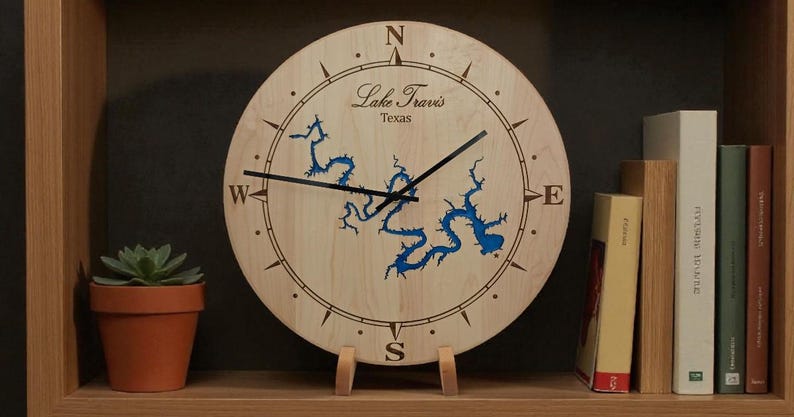 Custom ANY Lake Epoxy Clock – Personalized Wood Lake Map Art – Lake House Decor – Cabin Wall Clock – Engraved Lake Gift image 4