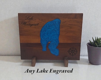 Custom Engraved Lake Map Cutting Board – Personalized Epoxy Lake Art, Cabin Décor Gift, Rustic Lake Board, Any Lake or Waterway Engraved