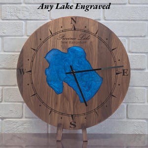 Custom ANY Lake Epoxy Clock –  Personalized Lake Map Wall Clock – Engraved Wood Lake House Decor – Cabin Gift – Rustic Wall Art