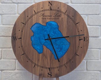 Custom ANY Lake Epoxy Clock –  Personalized Lake Map Wall Clock – Engraved Wood Lake House Decor – Cabin Gift – Rustic Wall Art