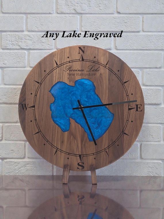 Custom ANY Lake Epoxy Clock –  Personalized Lake Map Wall Clock – Engraved Wood Lake House Decor – Cabin Gift – Rustic Wall Art