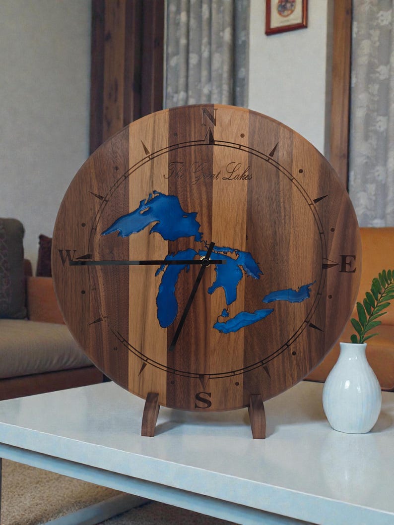 Custom ANY Lake Epoxy Clock – Personalized Wood Lake Map Art – Lake House Decor – Cabin Wall Clock – Engraved Lake Gift image 9