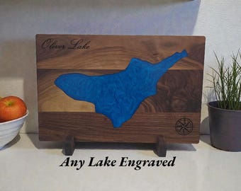 Custom ANY Lake Cutting Board – Father’s Day Gift, Engraved Lake Map, Personalized Epoxy Board for Dad, Fishing & Lake House Gift