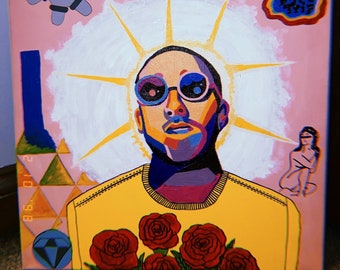 May include: A painting of a man wearing a yellow shirt, sunglasses, and a halo. He is surrounded by red roses and a white background. The painting also includes a robot, a cross, and the text "I.XIX. MCMXCII".