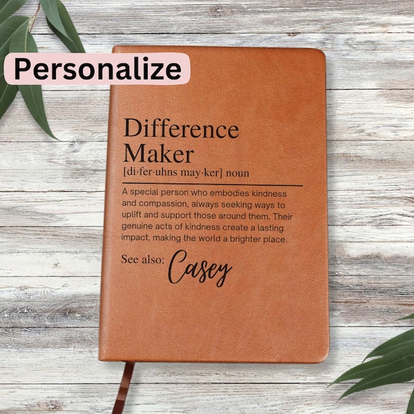 Difference Maker Personalized Vegan Leather Journal, School Counselor, Mentor Gift, Coach Appreciation, Teacher Thank You Gift Social Worker