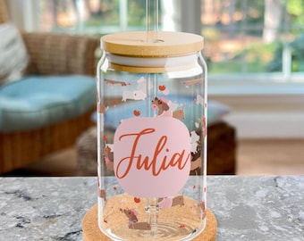 Personalized Valentines Dachshund Sipper Glass, Weiner Dog Gift for Dachshund Lover, 16oz Glass with Bamboo Lid and Straw, Iced Coffee Glass