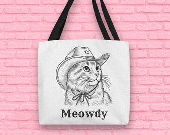 Meowdy Tote Bag, Herbruikbare Boodschappentas, Kattenliefhebber Geschenken, Leuke Tote Bag, Cat Mom Gifts, Cat Dad Gifts, Cat Themed, Cowboy Cat, Eco Friendly