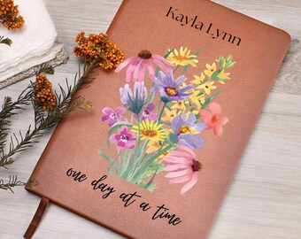 Personalized Floral Vegan Leather Journal, New Beginnings Gift