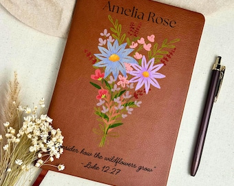 Diario personalizzato in pelle vegana floreale, quaderno di preghiera cristiano