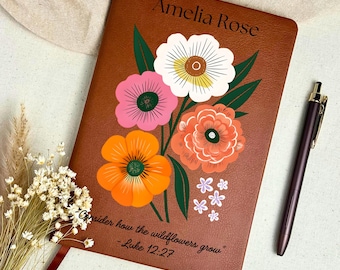 Personalized Floral Vegan Leather Prayer Journal, Christian Gift
