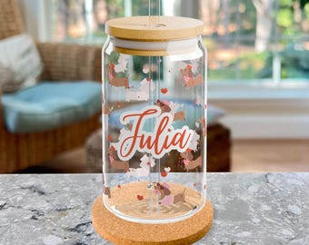 Personalized Valentines Dachshund Sipper Glass, Weiner Dog Gift for Dachshund Lover, 16oz Glass with Bamboo Lid and Straw, Iced Coffee Glass