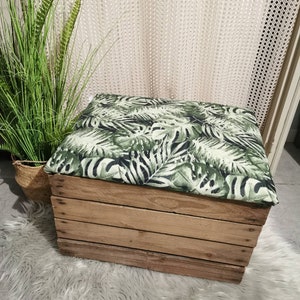 Chest bench, vintage, old wooden box, green palm leaf fabric