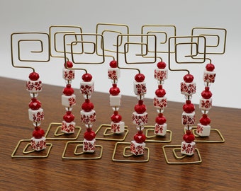 Place Card/Table Number Holders (set of 8) Red and White beads w/Gold Wire