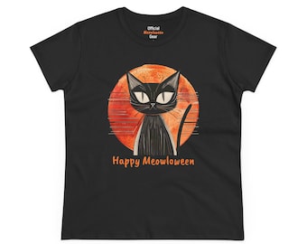 Happy Meowloween Women's Cotton Tee, Cute Cat Shirt, Halloween Apparel, Spooky Cat T-Shirt, Gift for Cat Lovers, Fall Fashion